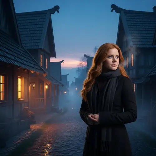 25-Year-Old Woman Resembling Red-Haired Actress in Misty Village Scene