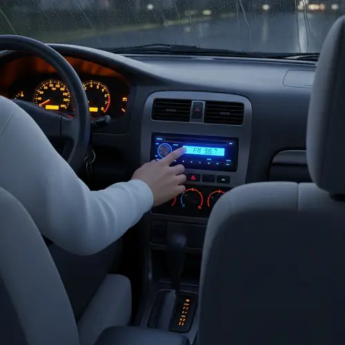 3D Anime-Style Car Cabin Interior with Man's Hand Turning on Radio