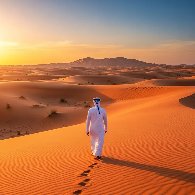 Expansive Desert Landscape: Solitary Middle-Eastern Figure at Sunset