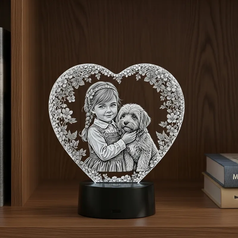Girl and Dog 3D Engraving in Crystal Heart | LED Base Light Girl and Dog 3D Engraving in Crystal Heart | LED Base Light
