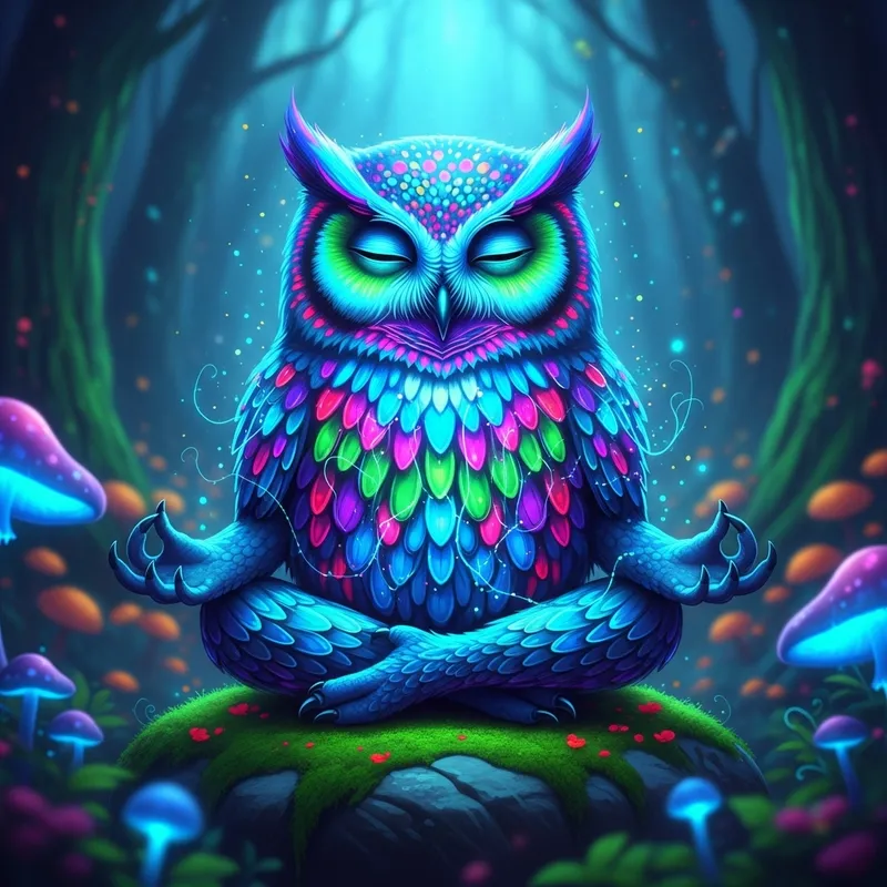 Neon Owl Meditating in Lotus Pose Image
