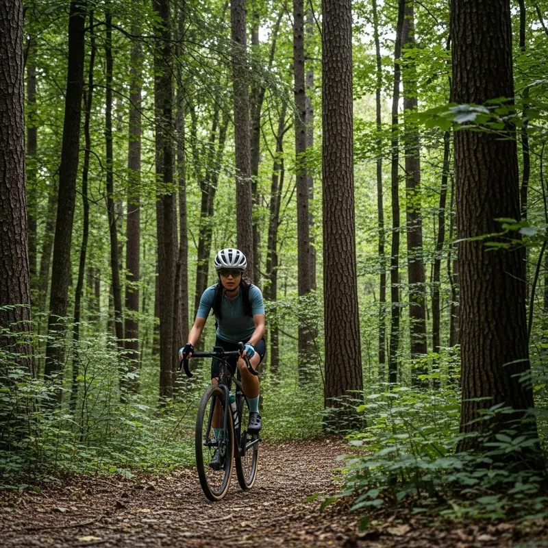 Asian Female Cyclist Riding Gravel Bike in Dense Gunle Forest Asian Female Cyclist Riding Gravel Bike in Dense Gunle Forest