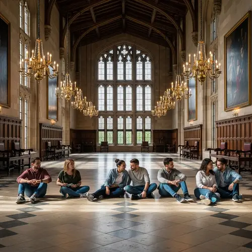 Diverse Couples Engaged in Conversation in Enormous Castle