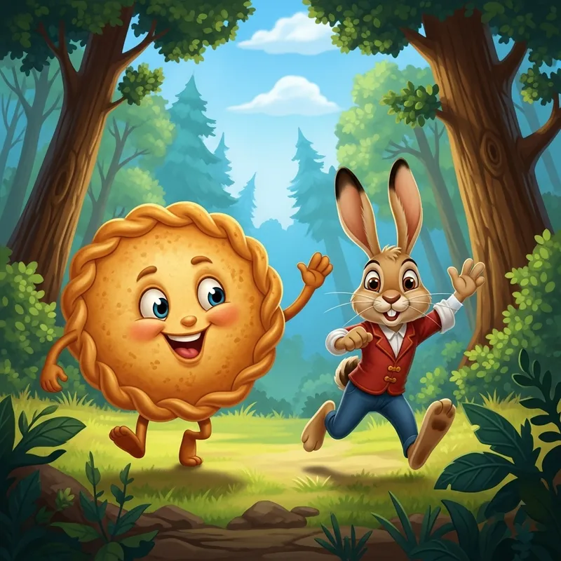 Action-Packed Kolobok and Hare Adventure in Lush Forest Action-Packed Kolobok and Hare Adventure in Lush Forest