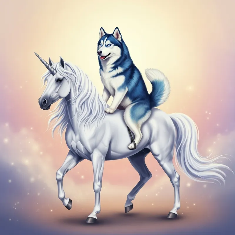 Blue and White Husky on Majestic Unicorn in Pastel Colors