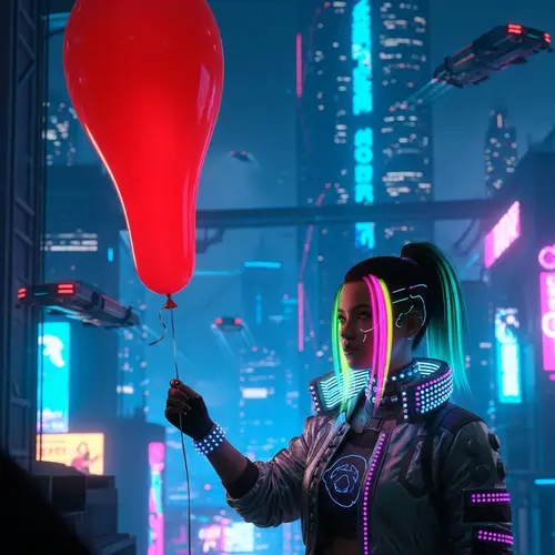 Futuristic Cyberpunk Female with Red Balloon in Neon Cityscape
