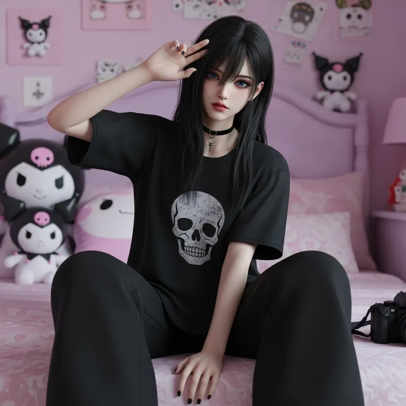 Beautiful Chinese Emo Model in Black Attire Poses in 4K Resolution
