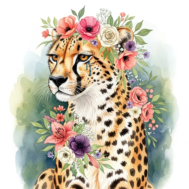 Watercolor Painting of Floral Cheetah Artwork Watercolor Painting of Floral Cheetah Artwork