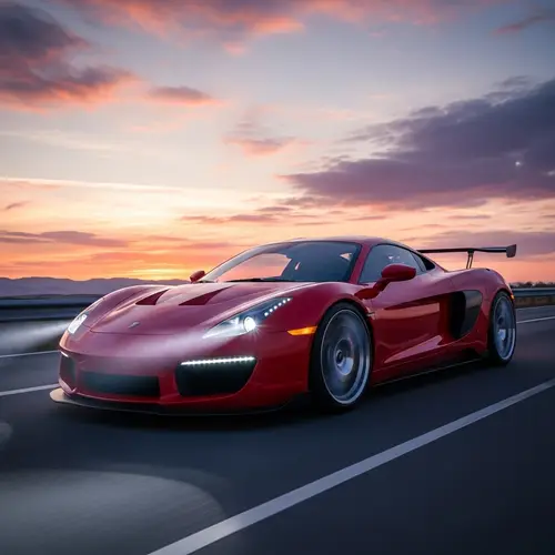 Sleek Red Sports Car Racing at Sunset | Dynamic Motion Visuals