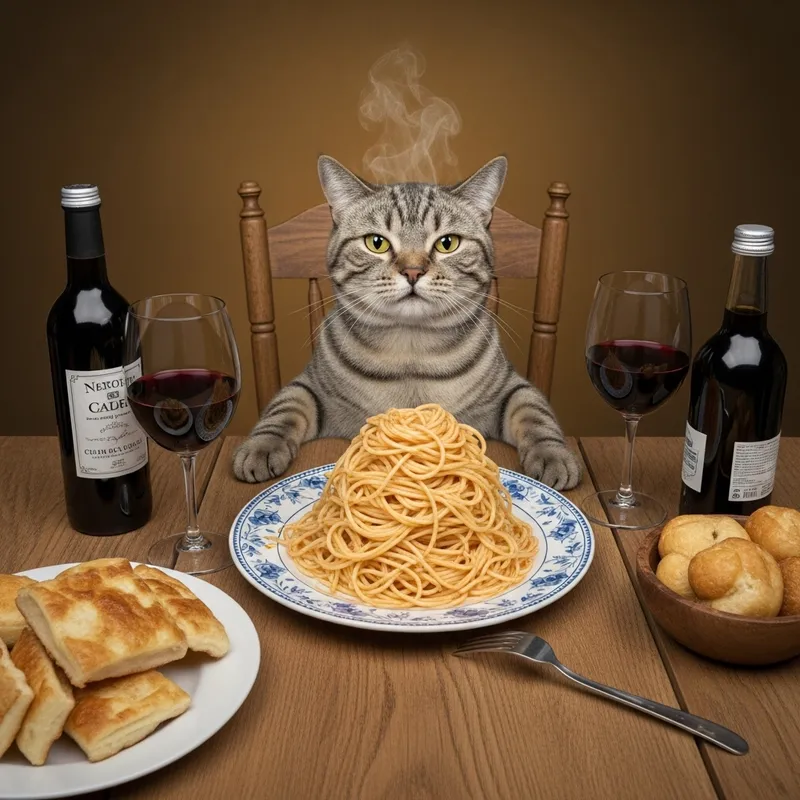 Unimpressed Cat Surprised by Spaghetti | Bemused Feline Image