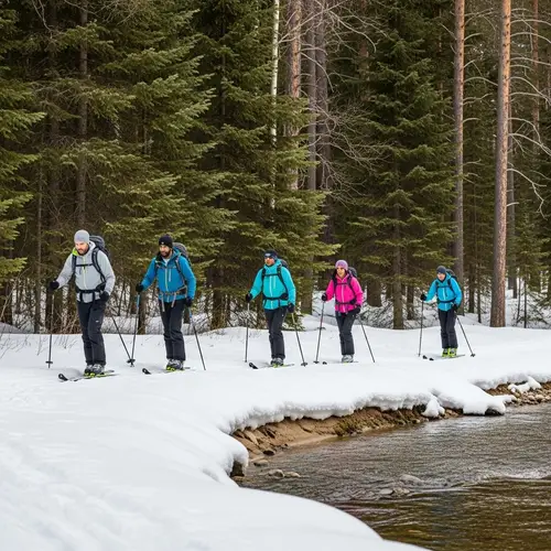 Tranquil Winter Skiing Adventure in Pine Forest by River
