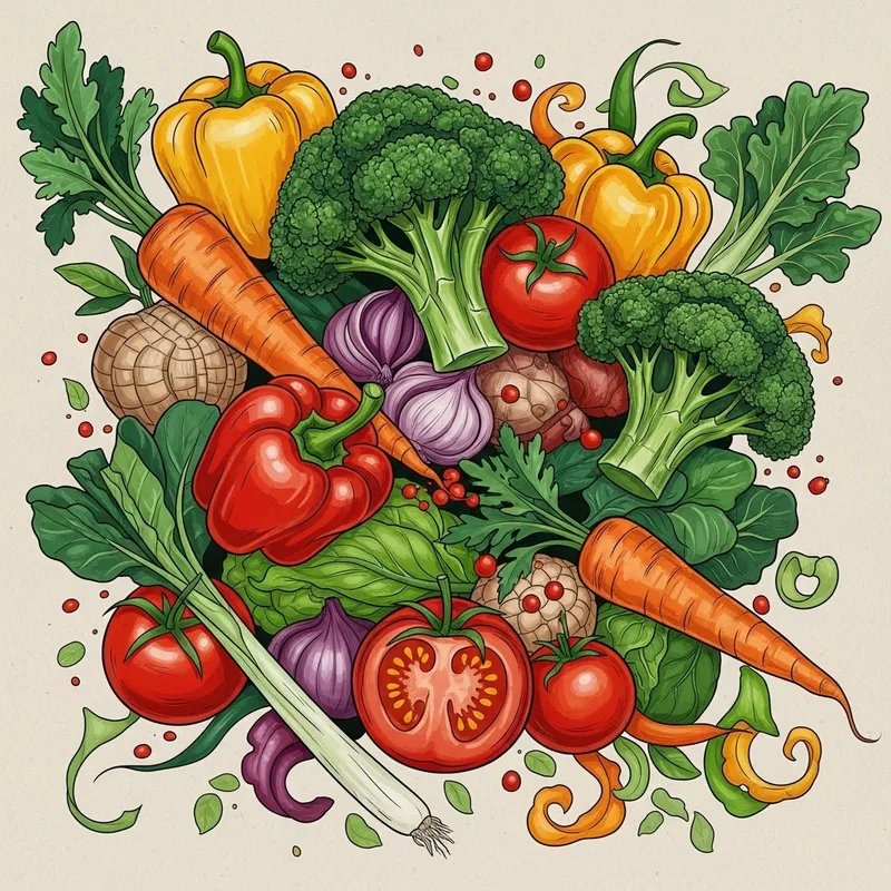 Vibrant Vegetable Abstract: Colorful Shapes of Carrots, Bell Peppers & Broccoli