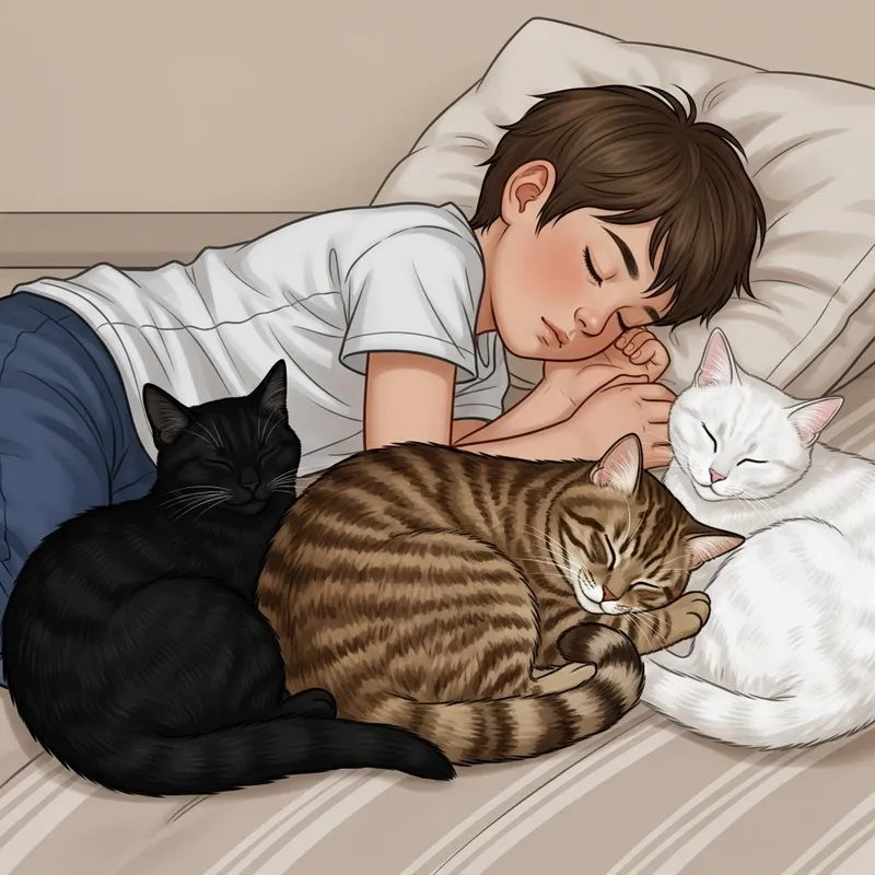 Young Caucasian Boy Napping with Three Cats | Peaceful Scene