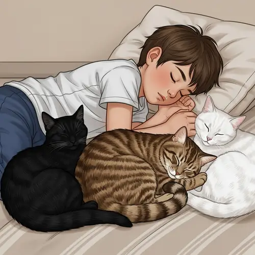 Young Caucasian Boy Sleeping with Three Cats | Peaceful Nap Scene