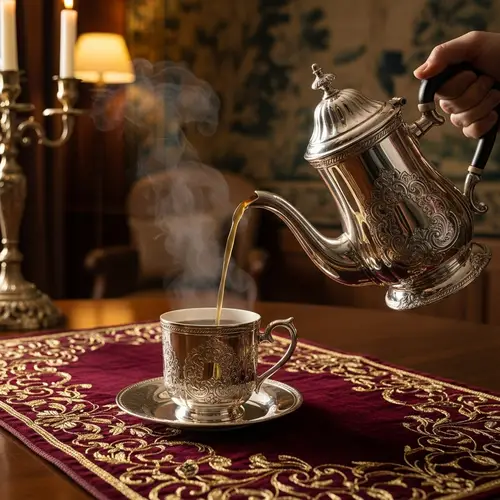 Elegant Victorian Coffee Pot Pouring Hot Coffee into Matching Mug