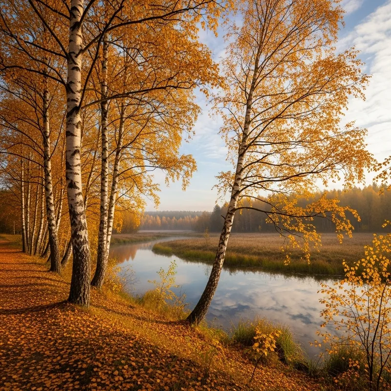 Autumn Birch Trees by Small Lake in Serene Landscape