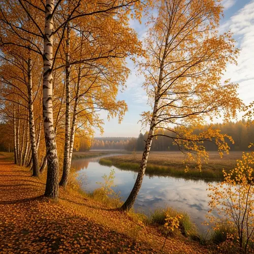 Birch Trees and Lake: Serene Autumn Landscape