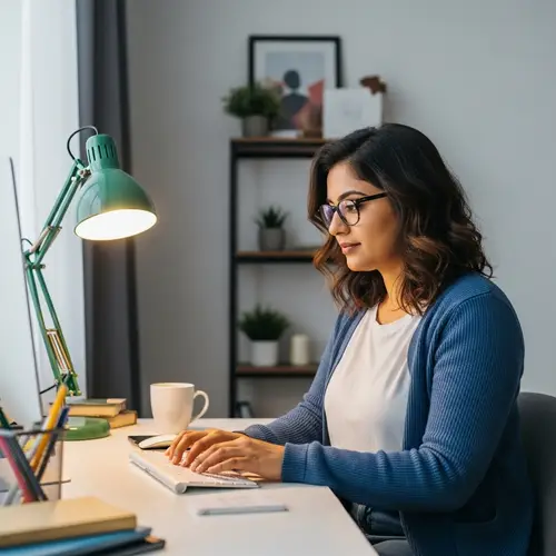 Professional South Asian Woman Working on Computer in Minimalistic Room