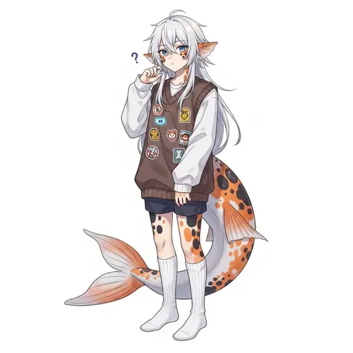 Charming Fish-Boy Anime Illustration with Blue Eyes and Fish Tail