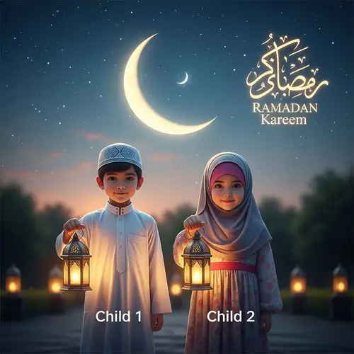 Ramadan Kareem: Traditional Muslim Children with Lanterns