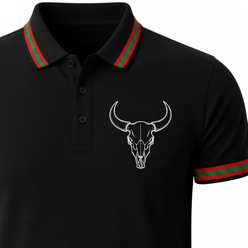 Bull's Skull Dart Polo Shirt with Black, Green & Red Design