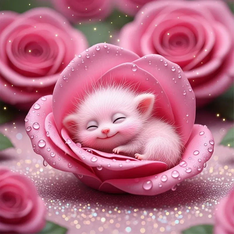 Magical Scene of Sleeping Pink Fluffy Creature in Rose Petal