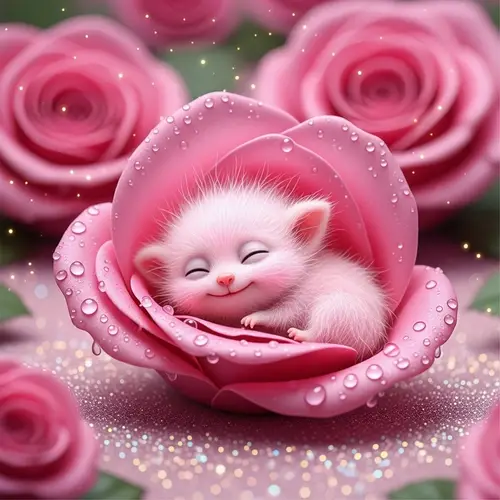 Vibrant Pink Fluffy Creature Sleeping in Rose Petal
