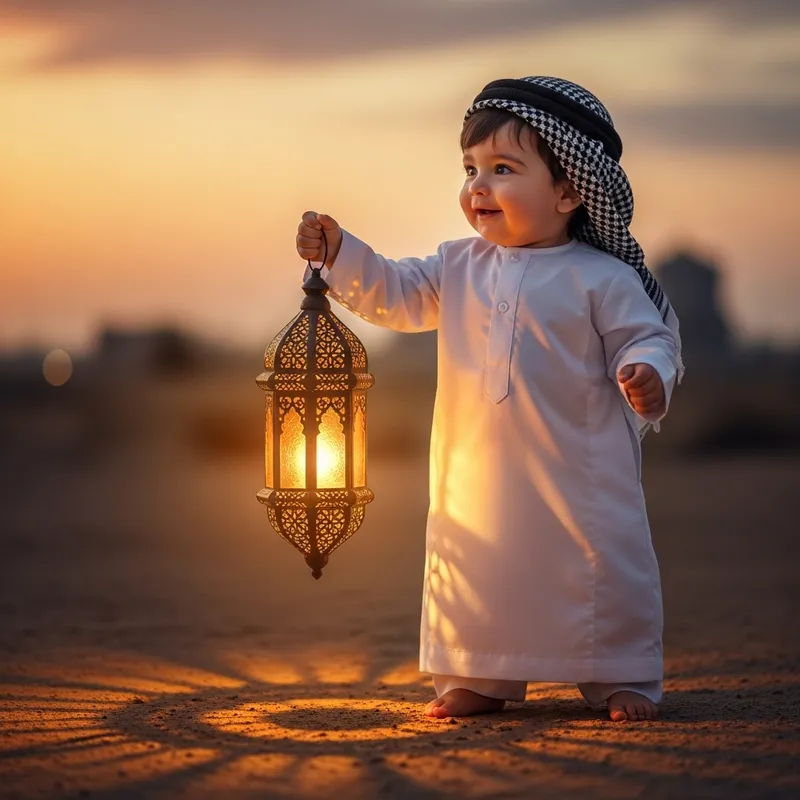 Delightful Middle-Eastern Baby Boy Carrying Glowing Ramadan Fanos
