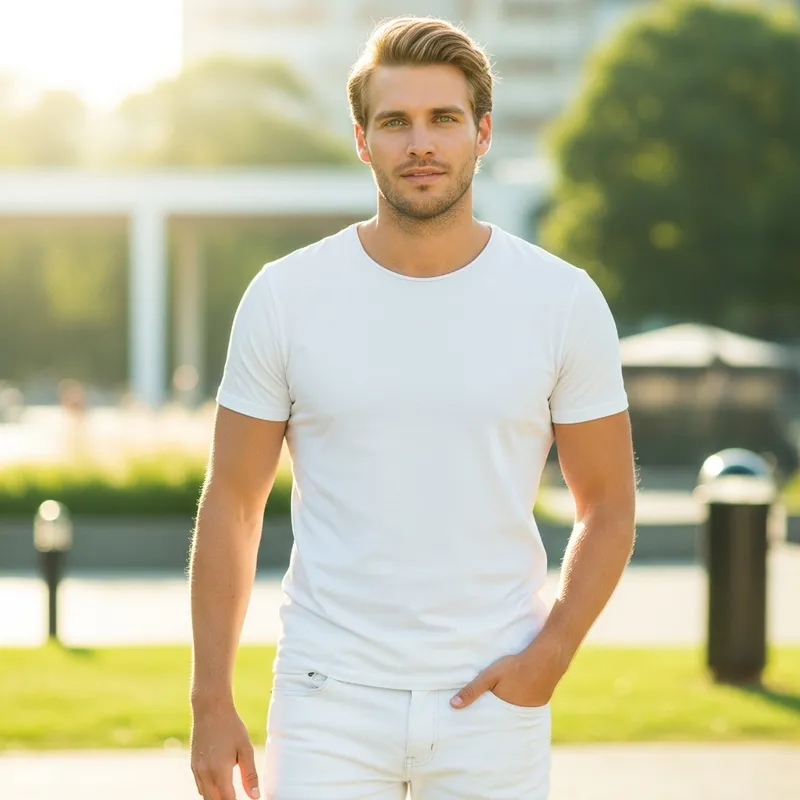 Tall Blond Man with Blue Eyes in White Jeans and T-shirt