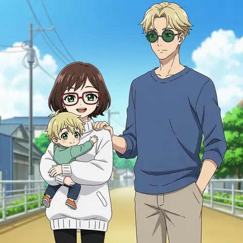 Jujutsu Kaisen Anime Scene with Petite Woman, Little Boy, and Tall Man