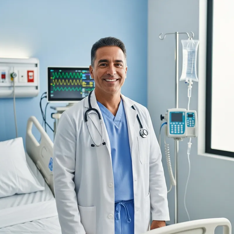 Middle-Aged Hispanic Man Grinning in Hospital Setting Middle-Aged Hispanic Man Grinning in Hospital Setting