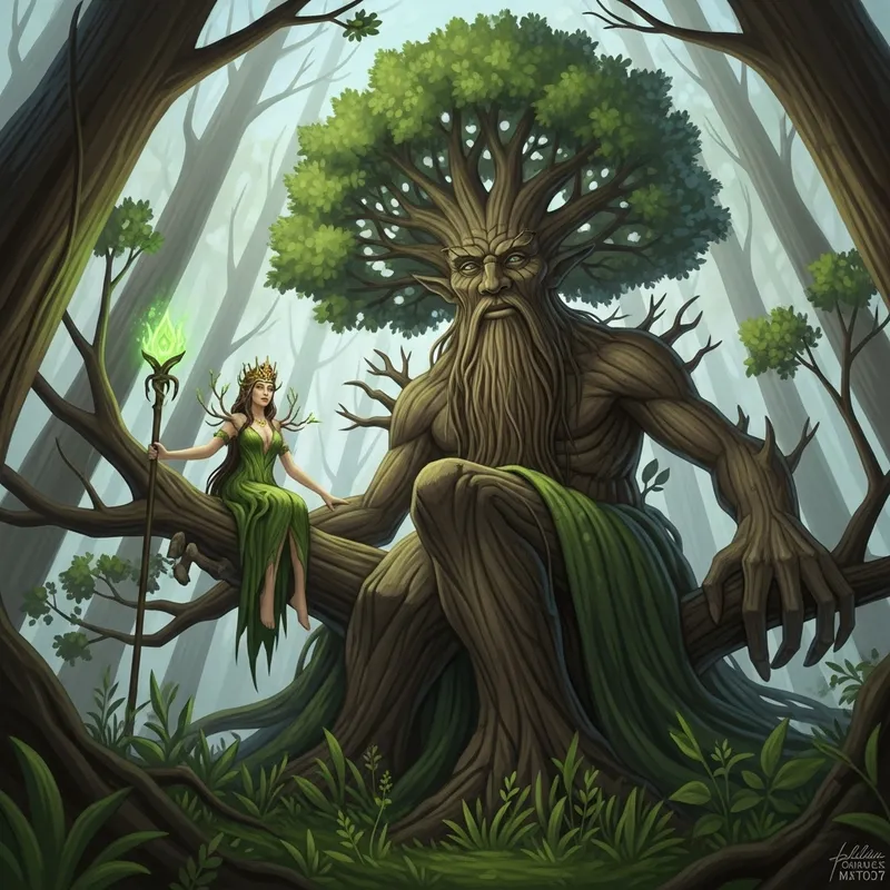 Low Angle View: Enchanting Dryad Queen and Treefolk King in Mystical Forest Low Angle View: Enchanting Dryad Queen and Treefolk King in Mystical Forest