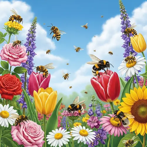 Bees Pollinating Flowers in Vibrant Garden Setting