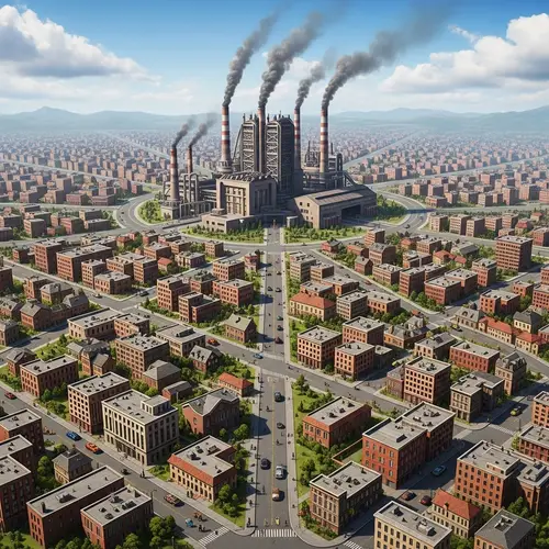 Industrial Era Cityscape with Diverse Community | Urban Factory Hub