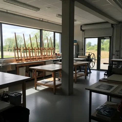 Workshop Space with Easels, Printing Press, and Work Tables