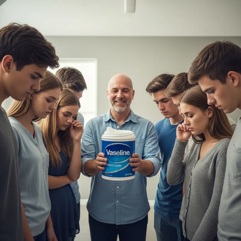 Diverse Group in Circle with Bald Man & Giant Vaseline Can Diverse Group in Circle with Bald Man & Giant Vaseline Can