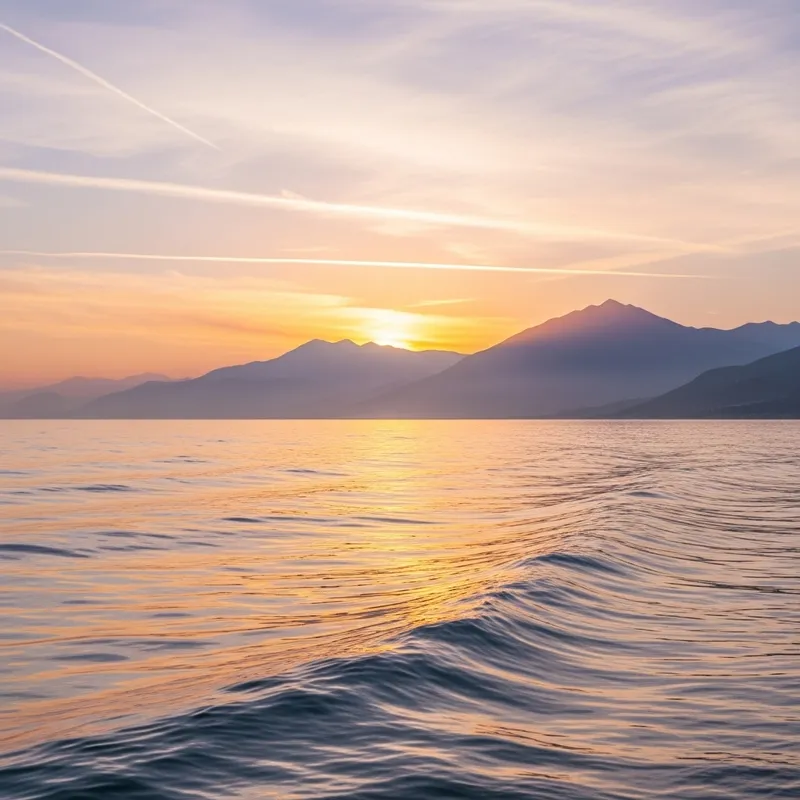 Tranquil Seascape with Distant Mountains at Sunrise