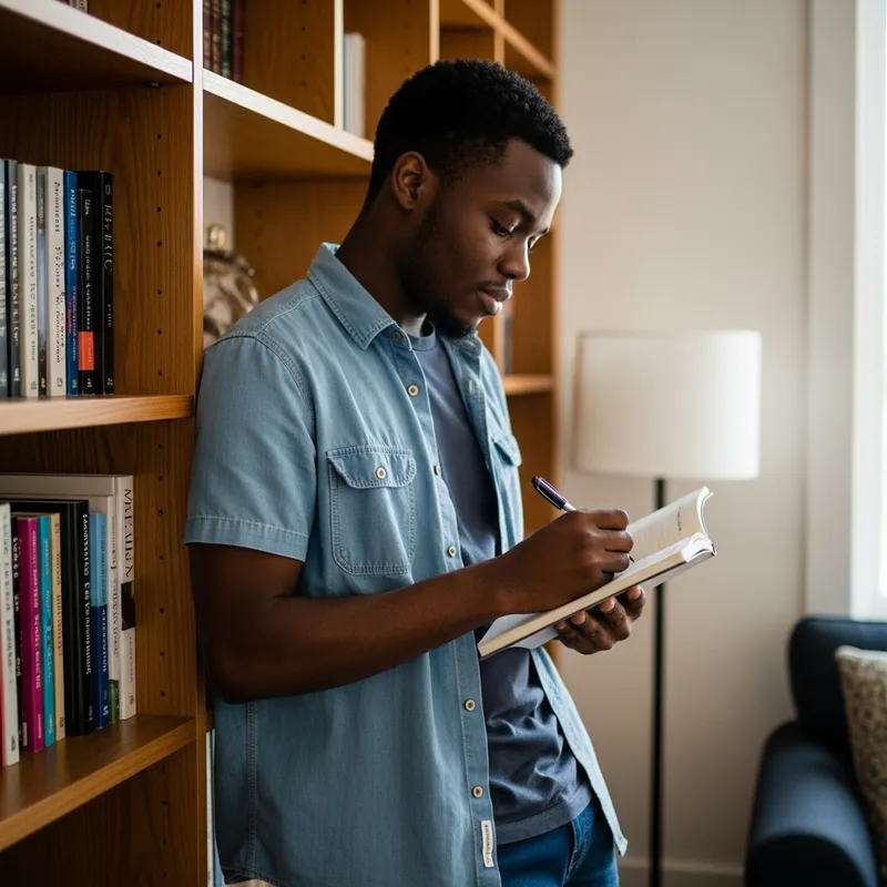 Young Black Man Writing First Book in Cozy Home Office | Inspiring Scene