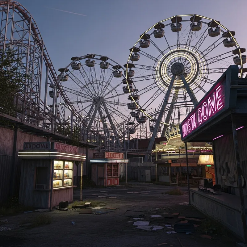 Abandoned Amusement Park with Retro Futuristic Elements Abandoned Amusement Park with Retro Futuristic Elements