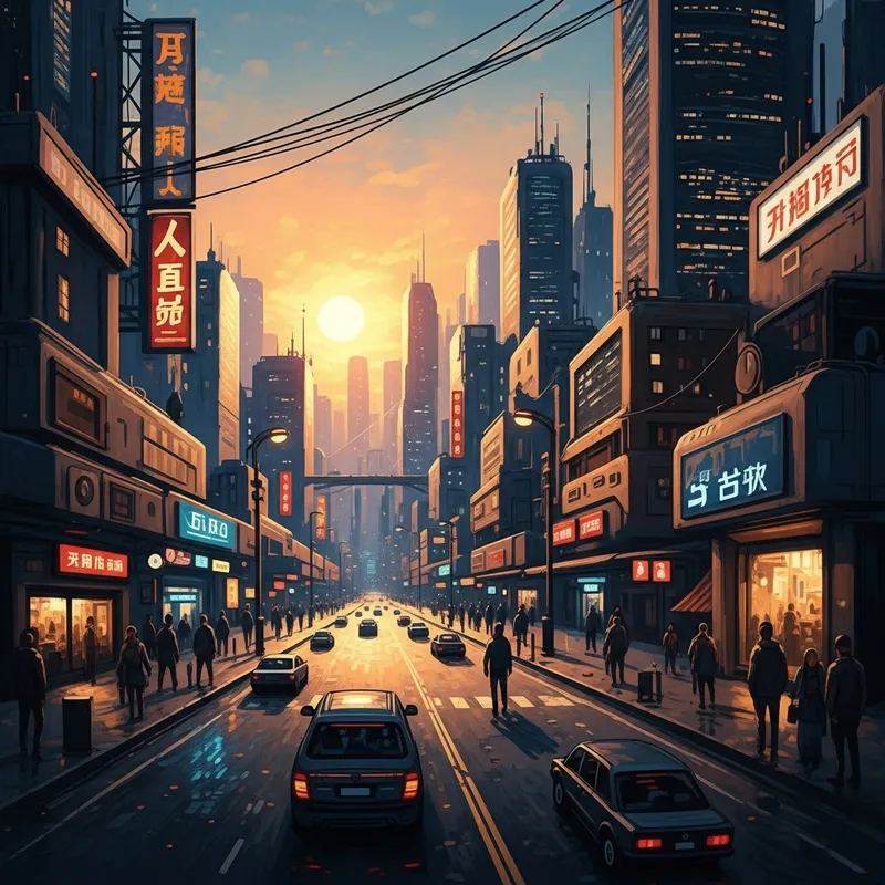 Futuristic Cityscape at Sunset: Vibrant Impressions of Cyberpunk Beauty Futuristic Cityscape at Sunset: Vibrant Impressions of Cyberpunk Beauty