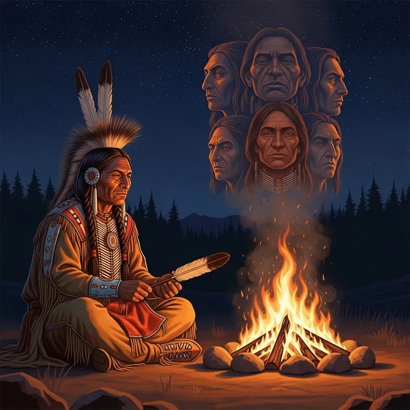 Poignant Tribute: Shaman by Campfire with Warrior Spirits