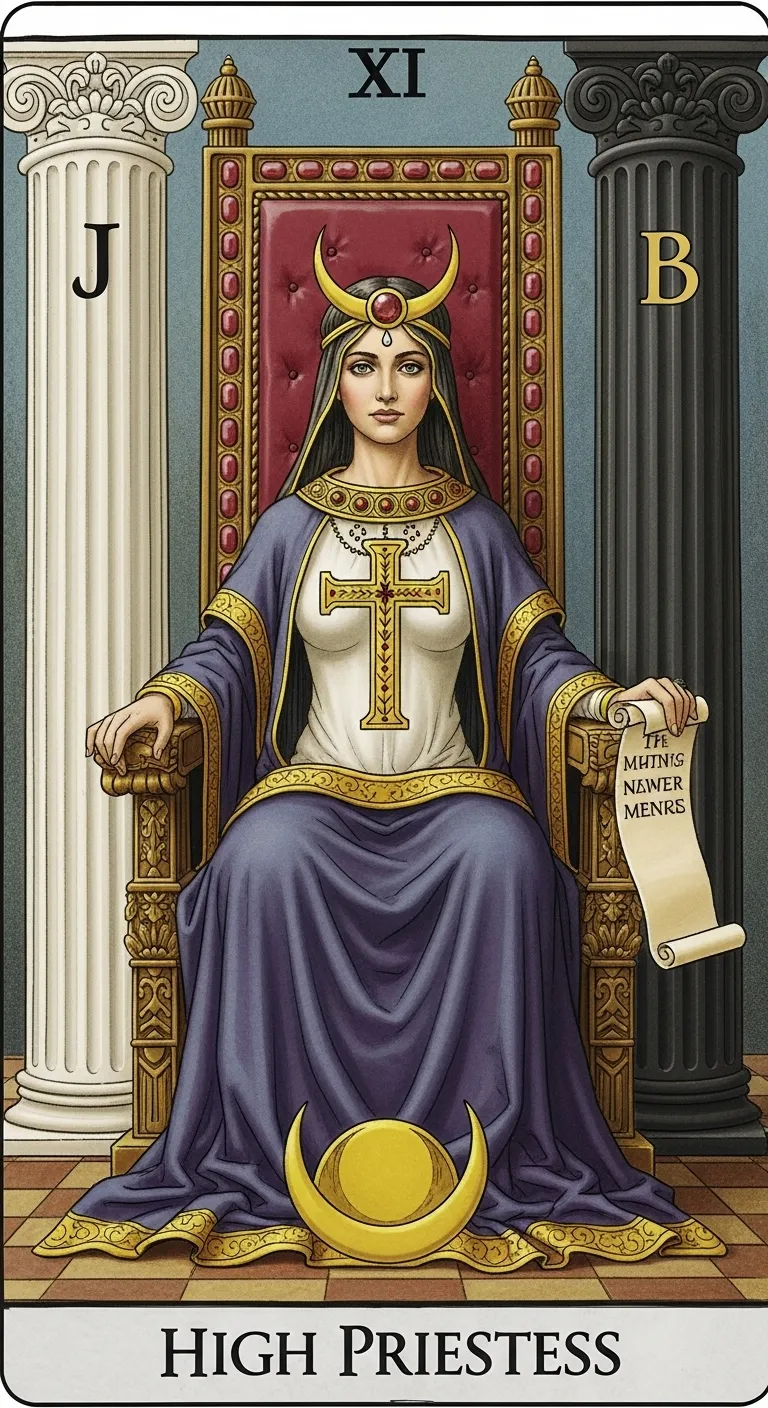 High Priestess Tarot Card - Postured Woman on Chair with Ruby Pattern High Priestess Tarot Card - Postured Woman on Chair with Ruby Pattern