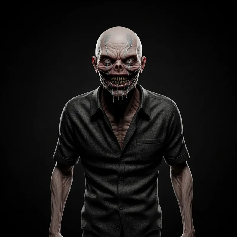 Primal Terror: Hyperrealistic Monstrous Entity with Lifeless Eyes and Wide Grin