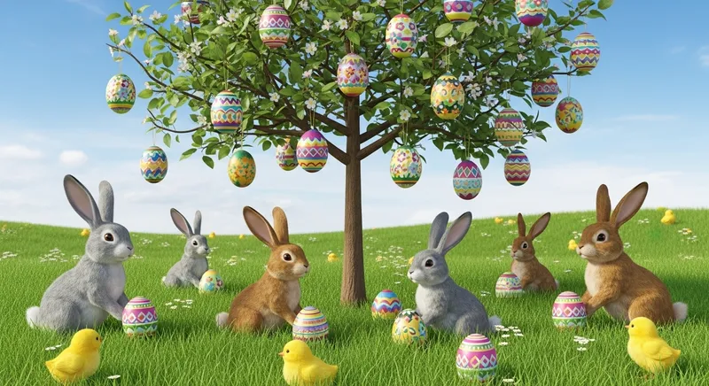 Enchanting Easter Tree with Colorful Eggs, Rabbits, & Chicks in a Lush Meadow