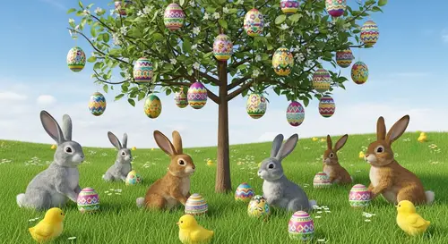 Enchanting Easter Tree with Colorful Eggs, Rabbits & Chicks