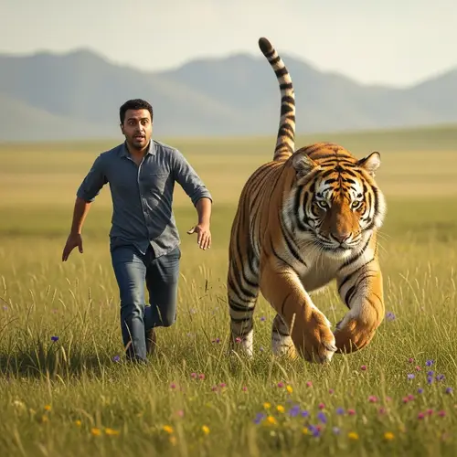 Middle-Eastern Man Running from Tiger in Wild Nature