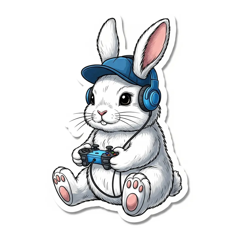 Charismatic White Rabbit Gaming Sticker - Hand-Drawn Die-Cut Design