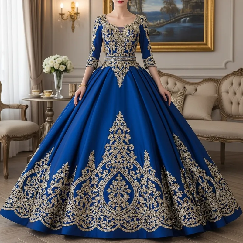 Elegant Blue and Gold Ball Gown for Grand Events