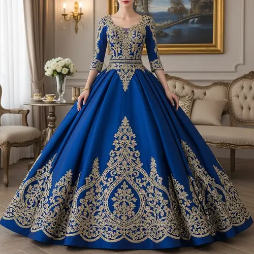 Elegant Blue and Gold Ball Gown for Grand Events
