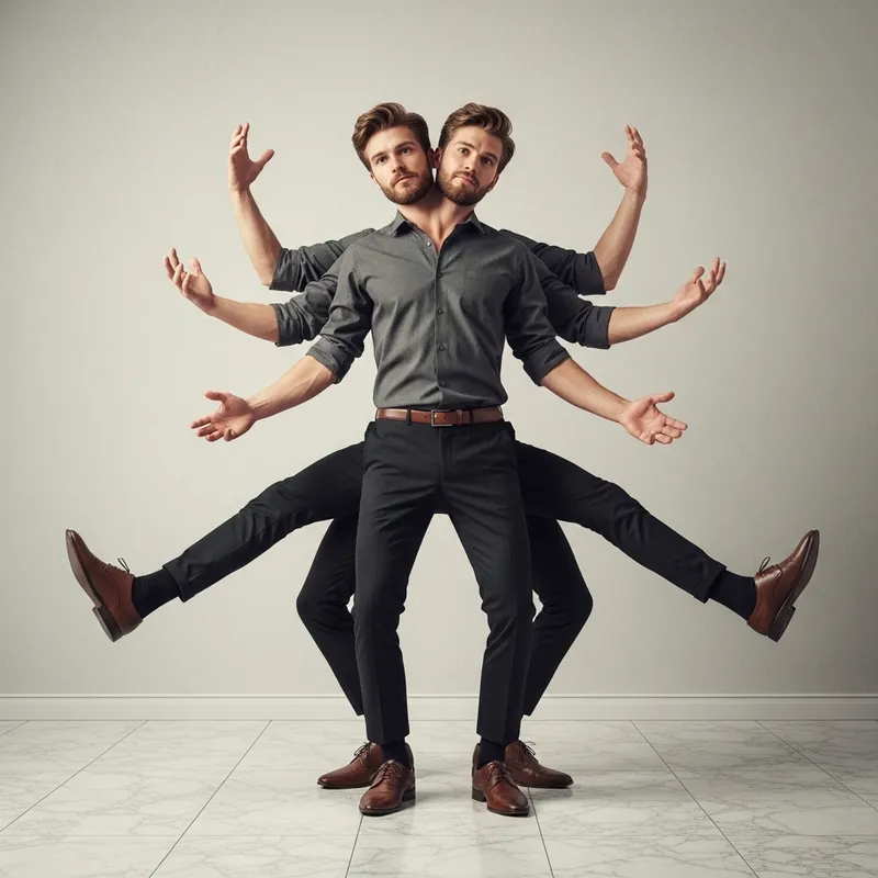 Surreal Image of a Figure with Two Heads, 4 Hands and 6 Legs